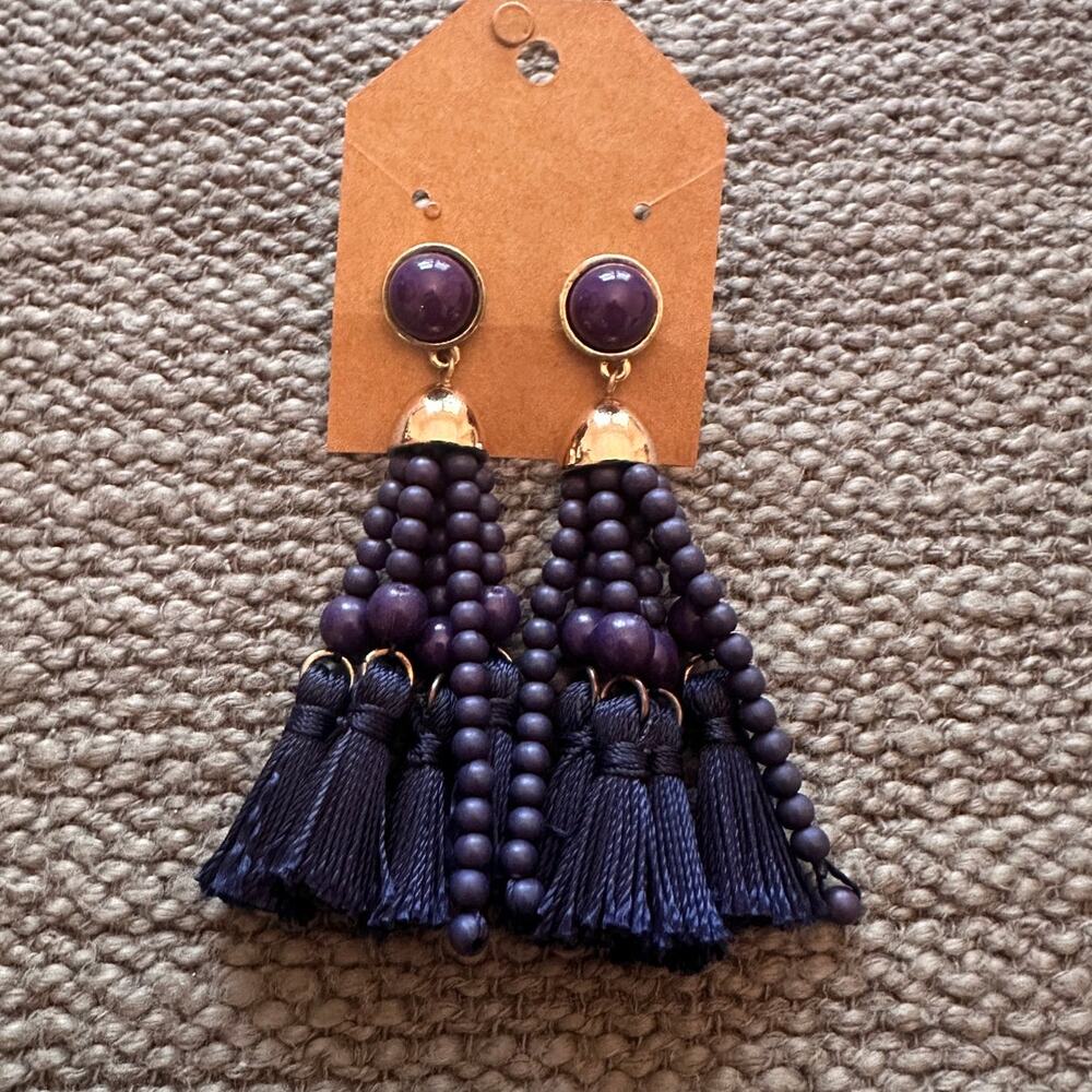 Dark Blue and Gold Beaded and Tassel Earring Studs.